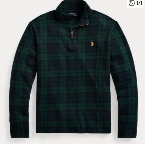 Ralph Lauren Men's Green and Black Plaid Quarter-Zip Sweatshirt - Picture 1 of 1
